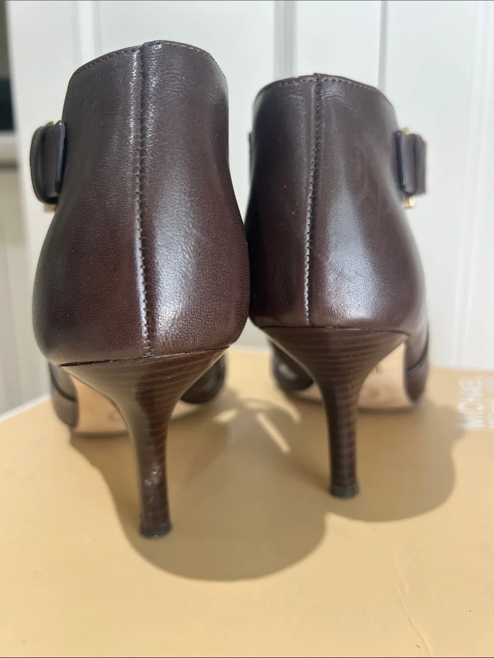 Michael Kors Dark Brown Leather Peep-Toe Cutout Heels with Gold Plaque